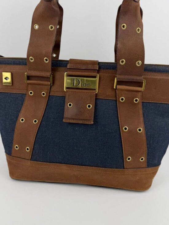 Dior Tote Brown Navy Denim Leather Vintage - Picture 3 of 16